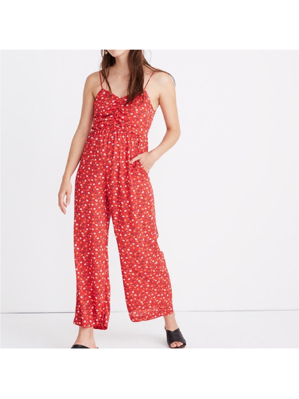 Madewell Prairie Posies Smocked Back Red Blue Floral Wide-Leg Jumpsuit Size 00